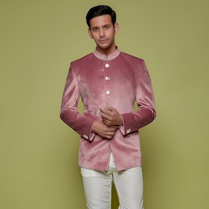 Jeeva Fashions New Stylish Partywear Formal Pink Valvet Bandhgala Jodhpuri Coat Pant Suit For Men.