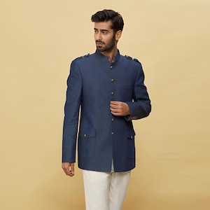 Jeeva Fashions New Stylish Partywear Formal Blue Bandhgala Jodhpuri Coat Pant Suit For Men.