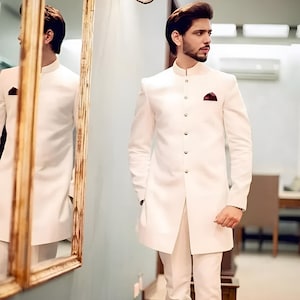 Jeeva Fashions Latest Collection of Ethnic Mens outfit Designer White Color Sherwani for Men.