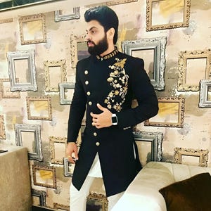 Jeeva Fashions Latest Collection of Ethnic Mens outfit Designer Black Embroidered Sherwani for Men.