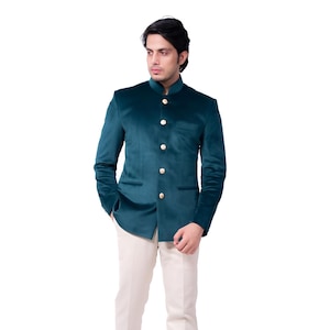 Jeeva Fashions New Stylish Partywear Formal Blue Bandhgala Jodhpuri Coat Pant Suit For Men.