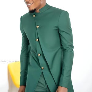 Jeeva Fashions New Stylish Partywear Formal Green Bandhgala Jodhpuri Coat Pant Suit For Men.