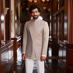 Jeeva Fashions New Stylish Partywear Formal Grey Bandhgala Jodhpuri Coat Pant Suit For Men.