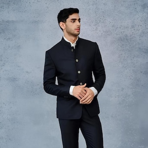 Jeeva Fashions New Stylish Partywear Formal Black Bandhgala Jodhpuri Coat Pant Suit For Men.