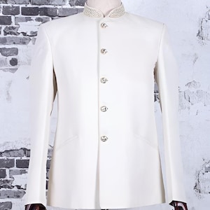 Jeeva Fashions New Stylish Partywear Formal White Bandhgala Jodhpuri Coat Pant Suit For Men.