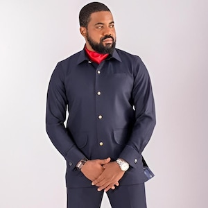 Jeeva Fashions New Stylish Partywear Formal Dark Blue Color Suiting Fabric Designer Safari Suit For Men.