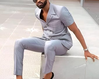 Grey Suiting Fabric Safari Suit: Formal Partywear