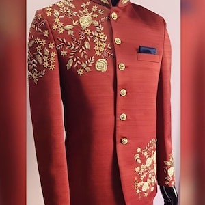 Jeeva Fashions New Stylish Partywear Formal Red Embroidered Bandhgala Jodhpuri Coat Pant Suit For Men.