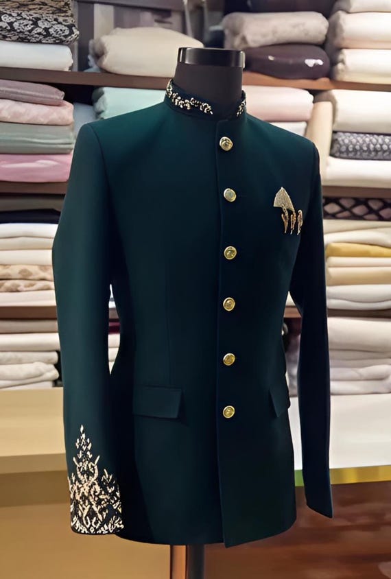 Embroidered Bandhgala Jodhpuri Suit: Bottle Green Partywear
