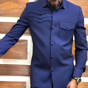 Jeeva Fashions New Stylish Partywear Formal Royal Blue Color Suiting Fabric Designer Safari Suit For Men.