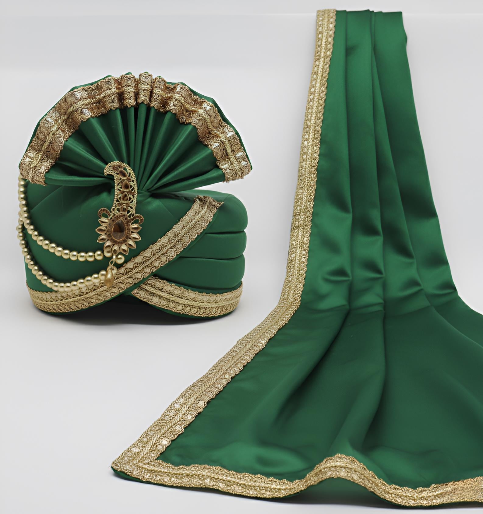 Green Heavy Work Silk Fabric Wedding Turban With Dupatta for Men.