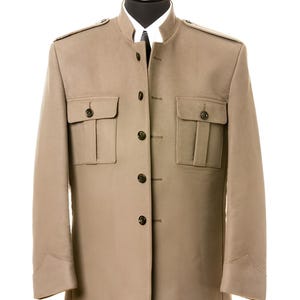 Jeeva Fashions New Stylish Partywear Formal Beige Color Suiting Fabric Designer Safari Suit For Men.