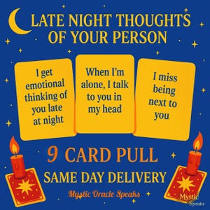 Puede incluir: Un gráfico azul marino con el texto "LATE NIGHT THOUGHTS OF YOUR PERSON". Tres tarjetas amarillas muestran frases como "I get emotional thinking of you late at night". Dos velas y estrellas decoran la imagen.