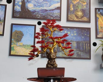 Bonsái de tronco dorado y hojas rojas hecho a mano, decoración de oficina zen japonesa