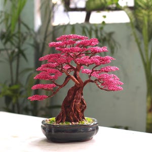 Handmade Wire Sakura Bonsai Tree, Pink Cherry Blossom Sculpture, Zen Japanese Desk Decor