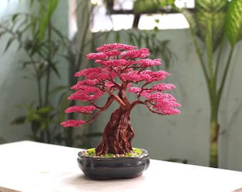Rcznie robione drzewko bonsai z drutu Sakura, rzeba z rowego kwiatu  wini, dekoracja biurka w stylu zen - Etsy Polska