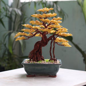 Autumn Wire Bonsai Tree – Handmade Copper Sculpture in Ceramic Pot, Zen Home Decor Gift