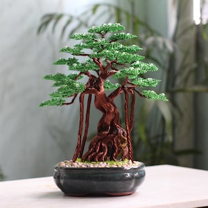 Handmade Wire Bonsai Tree Sculpture – Silver & Green Copper Art with Beads – Unique Table Decor Gift