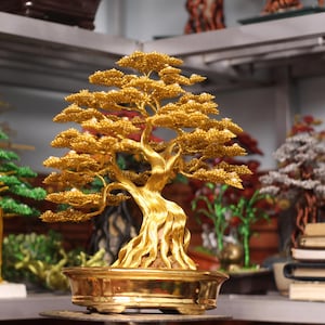 Escultura de bonsái hecha a mano con alambre de oro, decoración zen de lujo, maceta chapada en oro.