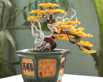 Árbol bonsái de alambre hecho a mano, escultura de madera flotante, decoración zen dorada, maceta de estilo japonés