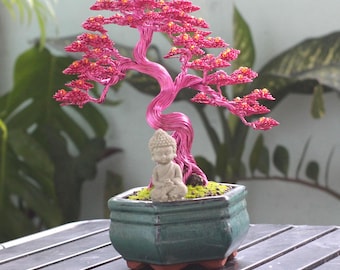 Handmade Pink Wire Bonsai Tree, Sakura Cherry Blossom Sculpture, Japanese Style Desk Decor