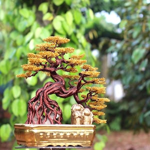 Escultura de bonsai em arame dourado, decoração zen de luxo feita à mão, tronco retorcido, vaso banhado a ouro