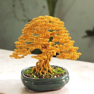 Handmade Yellow Wire Bonsai Tree – Zen Desk Decor Sculpture, Unique sculpture