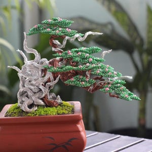 Handmade Bonsai Tree Sculpture – Silver Wire Art with Pink Beads – Unique Zen Gift for Home or Office Decor