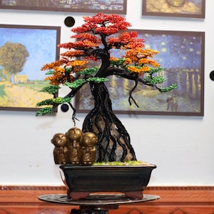 Hand-twisted Copper Wire Bonsai Tree Handmade Sculpture, Autumn Landscape Ceramic Pot