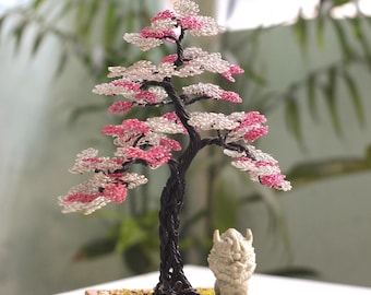 Handmade Wire Sakura Bonsai Tree Sculpture, Pink Cherry Blossom Japanese Decor
