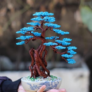 Blue Wire Bonsai Tree Sculpture – Handmade Copper Tree of Life – Zen Home Decor Gift