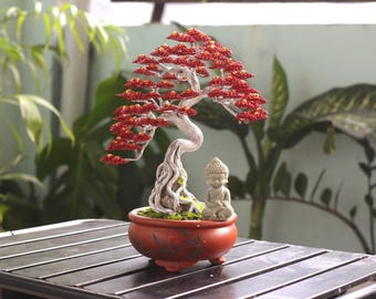 Red Beaded Bonsai Tree Artistic Home Decor – Handmade Zen Decor 