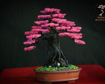 Handmade Wire Cherry Blossom Bonsai Tree, Pink Sakura Zen Decor, Black Trunk Miniatures