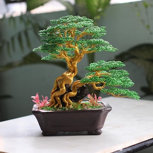 Handcrafted Wire Bonsai Tree Sculpture – Golden Trunk with Green Leaves, Unique Home Décor, Zen Gift