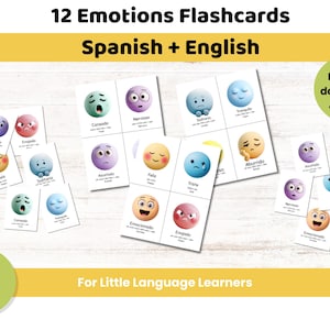 12 Emotions Flashcards |Spanish + English Printable Cards for Kids|Colors, Emotions, Alphabet A–Z |Early Language Learning | Bilingual Cards