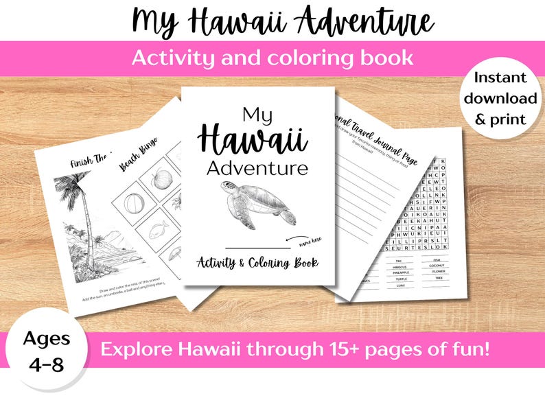 以下が含まれることがあります： 「My Hawaii Adventure」というタイトルのアクティビティと塗り絵のページ集。表紙にはウミガメのイラストが描かれています。追加ページには、ビーチビンゴゲーム、ワードサーチ、ヤシの木の絵が含まれています。テキストには「15ページ以上の楽しさでハワイを探検しよう！」と「対象年齢4～8歳」と書かれています。