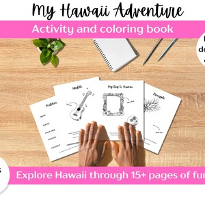 以下が含まれることがあります： 「My Hawaii Adventure」というタイトルの塗り絵とアクティビティブック。ウクレレ、フレーム、パイナップルのイラストが特徴です。4〜8歳向けで、「15ページ以上の楽しさでハワイを探検！」と「即時ダウンロード＆印刷」というテキストが含まれています。