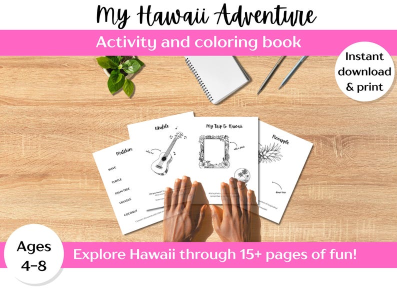 以下が含まれることがあります： 「My Hawaii Adventure」というタイトルの塗り絵とアクティビティブック。ウクレレ、フレーム、パイナップルのイラストが特徴です。4〜8歳向けで、「15ページ以上の楽しさでハワイを探検！」と「即時ダウンロード＆印刷」というテキストが含まれています。