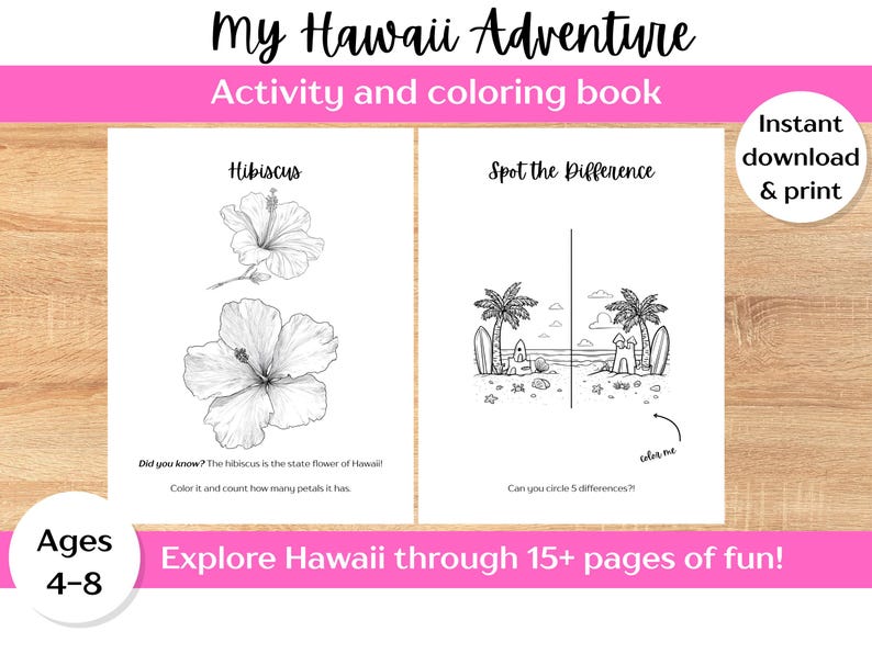 以下が含まれることがあります： 「My Hawaii Adventure」と題された、白黒のアクティビティと塗り絵の本。ハイビスカスの花のイラストと「違いを見つける」ゲームが特徴です。「即時ダウンロードと印刷」と「15ページ以上の楽しさでハワイを探検！」というテキストが含まれています。
