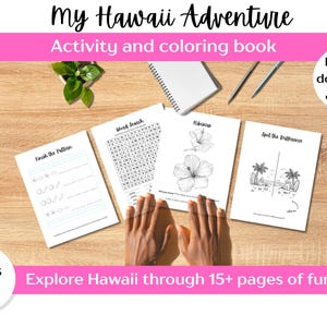以下が含まれることがあります： 4～8歳向けの「My Hawaii Adventure」というタイトルのアクティビティと塗り絵のページ集。ページには、単語検索、パターン完成、ハイビスカスの花やビーチのシーンの塗り絵が含まれています。テキストには「15ページ以上の楽しさでハワイを探検！」と書かれています。