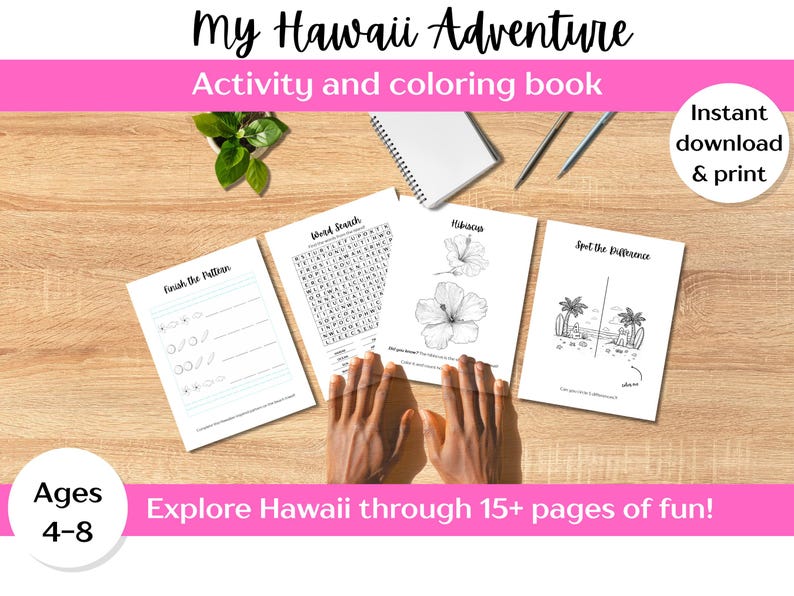 以下が含まれることがあります： 4～8歳向けの「My Hawaii Adventure」というタイトルのアクティビティと塗り絵のページ集。ページには、単語検索、パターン完成、ハイビスカスの花やビーチのシーンの塗り絵が含まれています。テキストには「15ページ以上の楽しさでハワイを探検！」と書かれています。