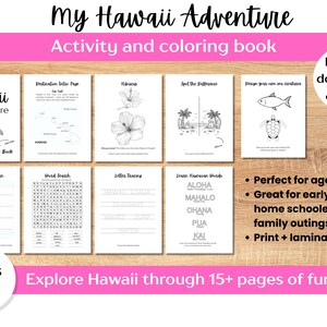 以下が含まれることがあります： 「My Hawaii Adventure」というタイトルの、印刷可能なアクティビティと塗り絵の本。地図、ハイビスカスの花、海の生き物など、ハワイをテーマにしたイラストが掲載された様々なページがあります。この本は4〜8歳向けに設計されています。
