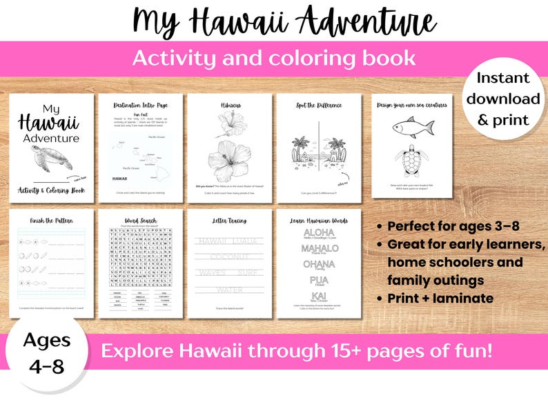 以下が含まれることがあります： 「My Hawaii Adventure」というタイトルの、印刷可能なアクティビティと塗り絵の本。地図、ハイビスカスの花、海の生き物など、ハワイをテーマにしたイラストが掲載された様々なページがあります。この本は4〜8歳向けに設計されています。