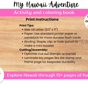 以下が含まれることがあります： 「My Hawaii Adventure」というタイトルの、印刷可能なアクティビティと塗り絵の本。印刷と組み立ての説明書付き。4～8歳向けで、15ページ以上の楽しさ。サイズはUSレター（21.6cm x 27.9cm）。