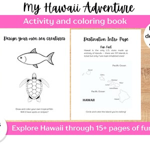 以下が含まれることがあります： 「My Hawaii Adventure」というタイトルの塗り絵とアクティビティブック。海の生き物の絵とハワイの地図が描かれています。「15ページ以上の楽しさでハワイを探検！」「対象年齢4～8歳」というテキストが含まれています。