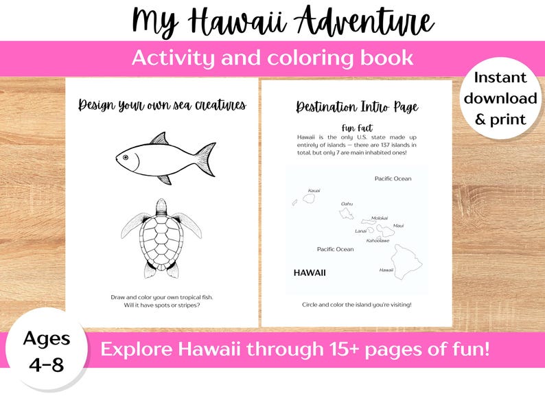 以下が含まれることがあります： 「My Hawaii Adventure」というタイトルの塗り絵とアクティビティブック。海の生き物の絵とハワイの地図が描かれています。「15ページ以上の楽しさでハワイを探検！」「対象年齢4～8歳」というテキストが含まれています。