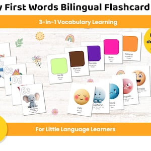 My First Words Bilingual Flashcard Set | Spanish + English Printable Cards for Kids|Colors, Emotions, Alphabet A–Z | Early Language Learning