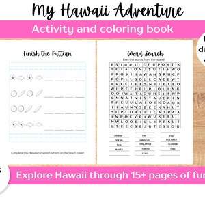 以下が含まれることがあります： 「My Hawaii Adventure」というタイトルの、印刷可能なアクティビティと塗り絵の本。単語検索とパターン完成アクティビティが特徴です。表紙のテキストには「15ページ以上の楽しさでハワイを探検しよう！」と書かれており、4〜8歳向けに設計されています。