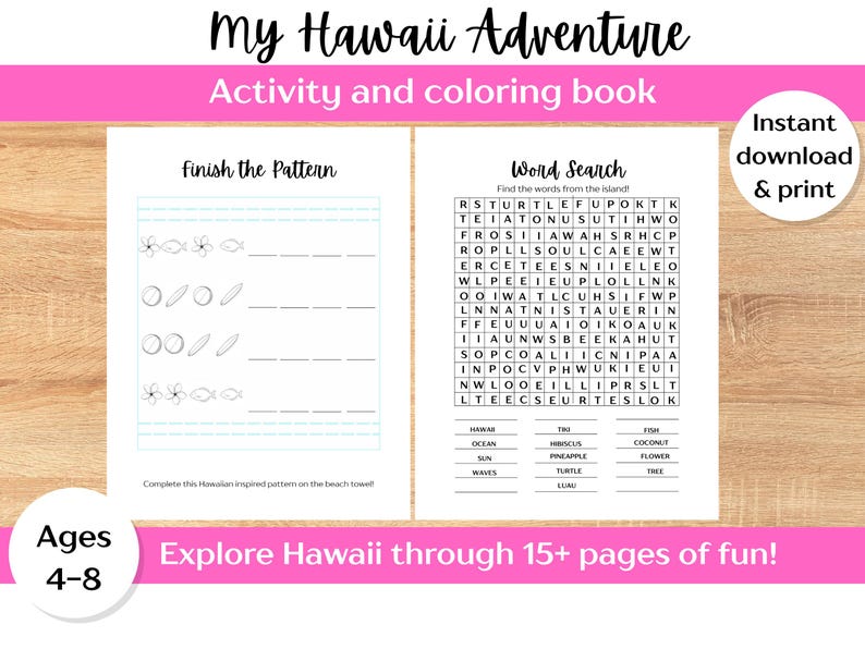 以下が含まれることがあります： 「My Hawaii Adventure」というタイトルの、印刷可能なアクティビティと塗り絵の本。単語検索とパターン完成アクティビティが特徴です。表紙のテキストには「15ページ以上の楽しさでハワイを探検しよう！」と書かれており、4〜8歳向けに設計されています。