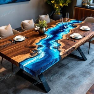 Ocean Epoxy Resin Dining Table: Handmade Solid Wood Luxury Furniture